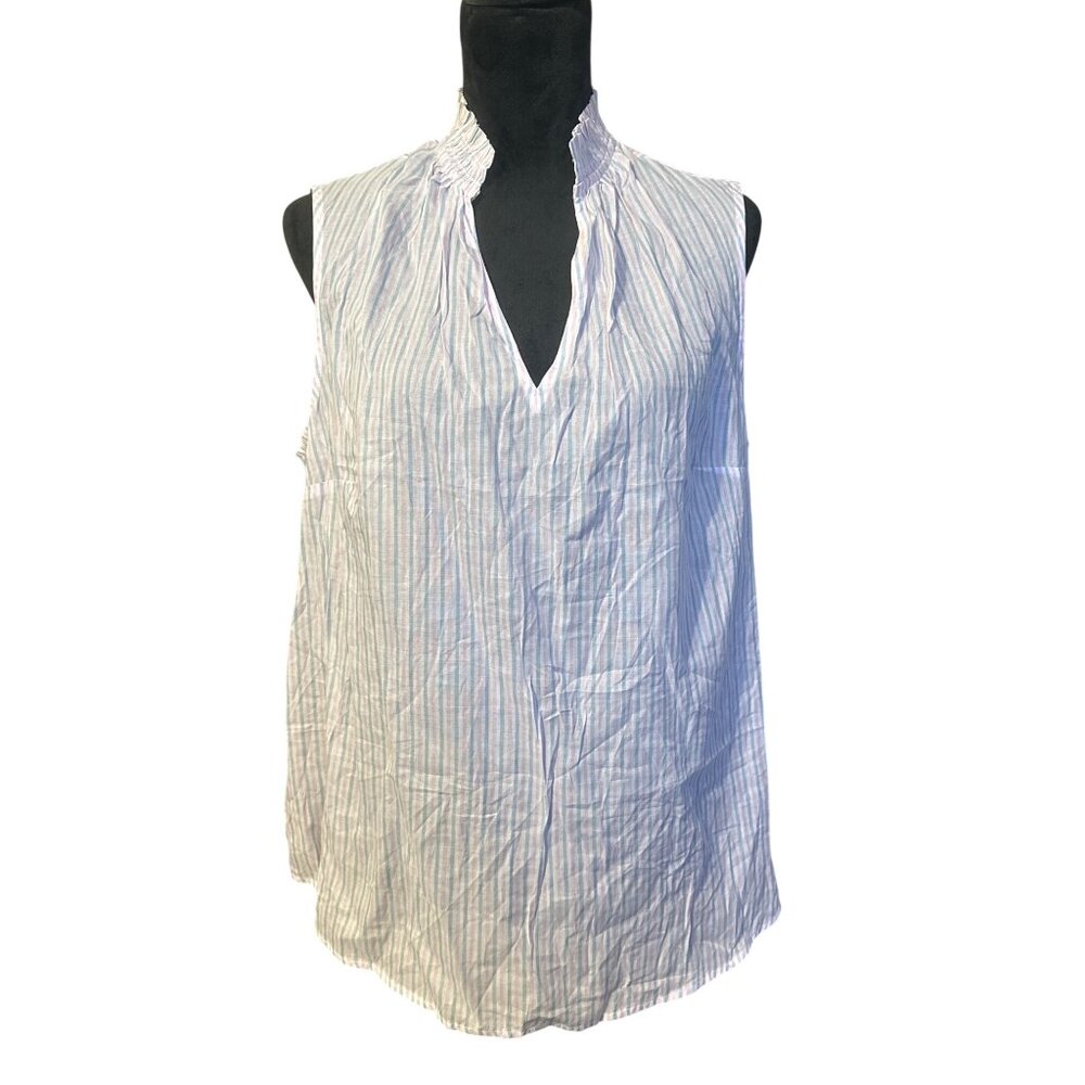 Womens ON-34th Casual Sleeveless Striped Blouse 1X Pink & Blue Cotton Blend Ligh